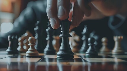 Strategic Chess Move - A Black King's Calculated Advancement suitable for business background, posters, wallpapers, banners, greeting cards, and advertising for business entities or brands.