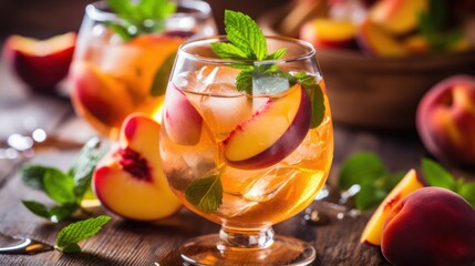 A glass of peach juice with a sprig of mint on top