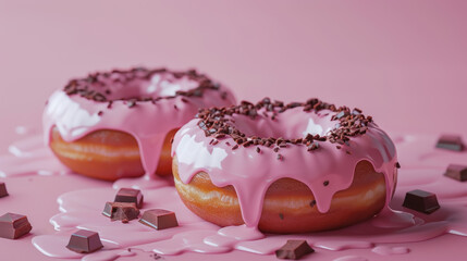 Donuts with pink icing and 3D chocolate realistic on white background