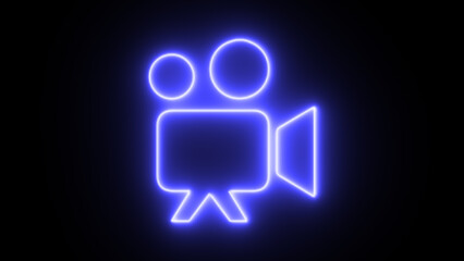 Neon Video camera icon on black background. Video camera.