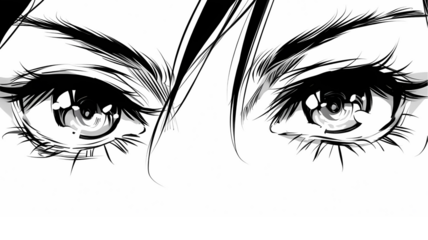A pair of manga-style eyes in black and white, drawn with bold lines and detailed pupils.