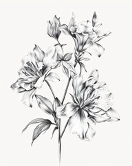 black and white flower branch botanical blossom sketch minimal black and white on white paper, tattoo design, background