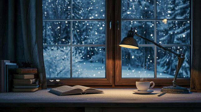 Book, coffee, and lamp on a table by a window with an evening view
 Seamless looping 4k time-lapse virtual video animation background. Generated AI