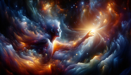 Artistic illustrations that represent the human conscious and universe in a spiritual and divine manner.