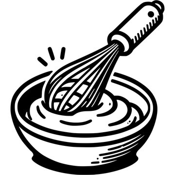recommend clip art: Hand whisk stirs thick cream in cup in monochrome. Simple minimalistic vector in black ink drawing on transparent background