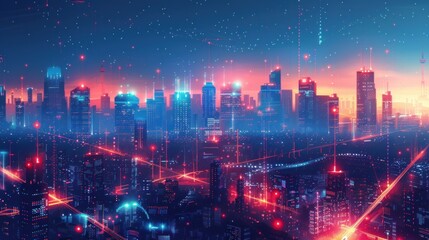 Obraz premium A cityscape with a bright blue sky and a red and orange sunset