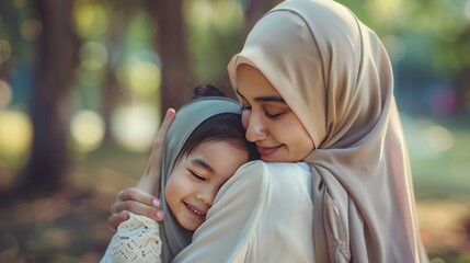 Fototapeta premium A Muslim mother wearing a hijab hugs her daughter lovingly close up view angle.