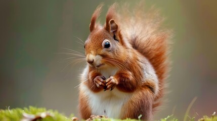 Obraz premium Eurasian red squirrel (Sciurus vulgaris) cautiously peeks out of the hole in a tree in the forest of Drunen, Noord Brabant. 