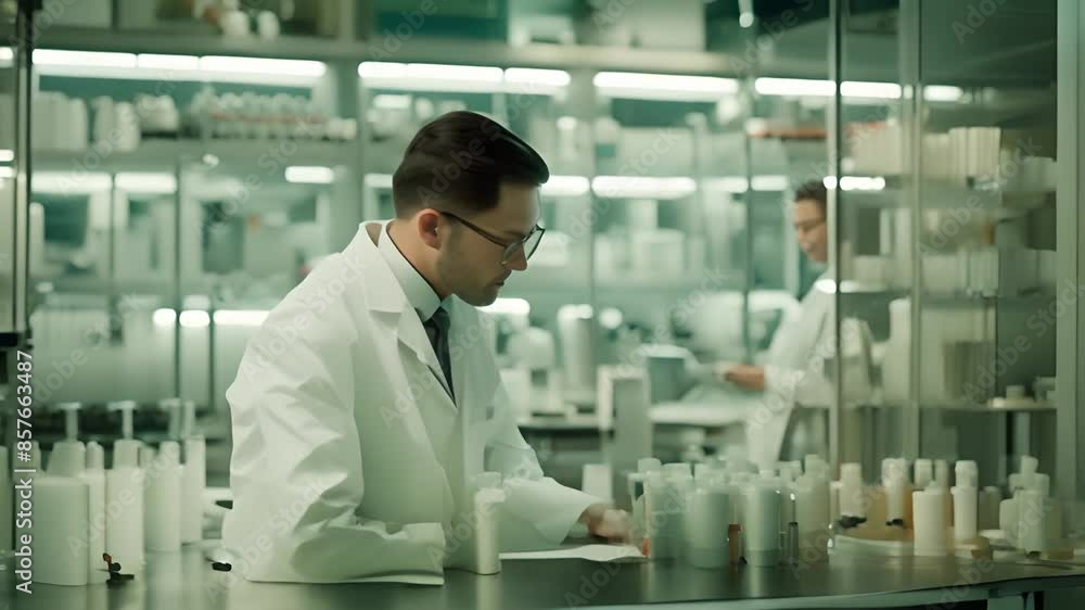 Poster scientist examining samples in laboratory generative ai