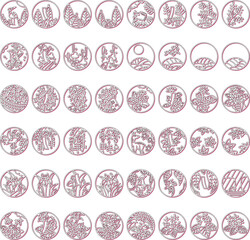 カラーシャドウの円形ミニ花札アイコンセット