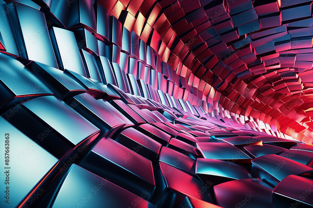 Aufkleber a wall of blocks in a room with a blue and red color scheme. the blocks are arranged in a way that c