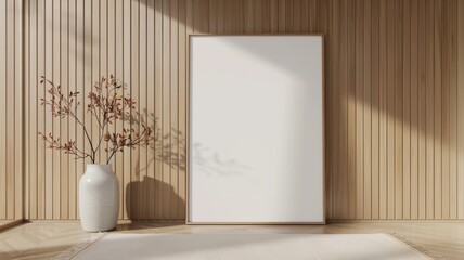 Minimalist Interior with Blank Canvas Frame and Decorative Vase on Wooden Floor