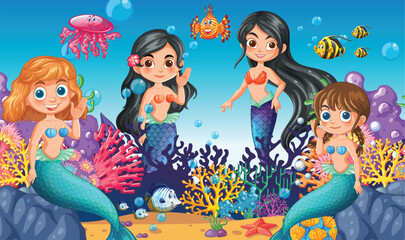 Mermaids exploring a vibrant coral reef