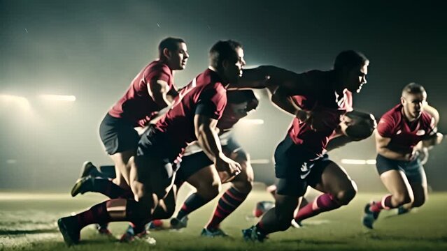 Rugby Players Running With Ball Under Lights Generative AI