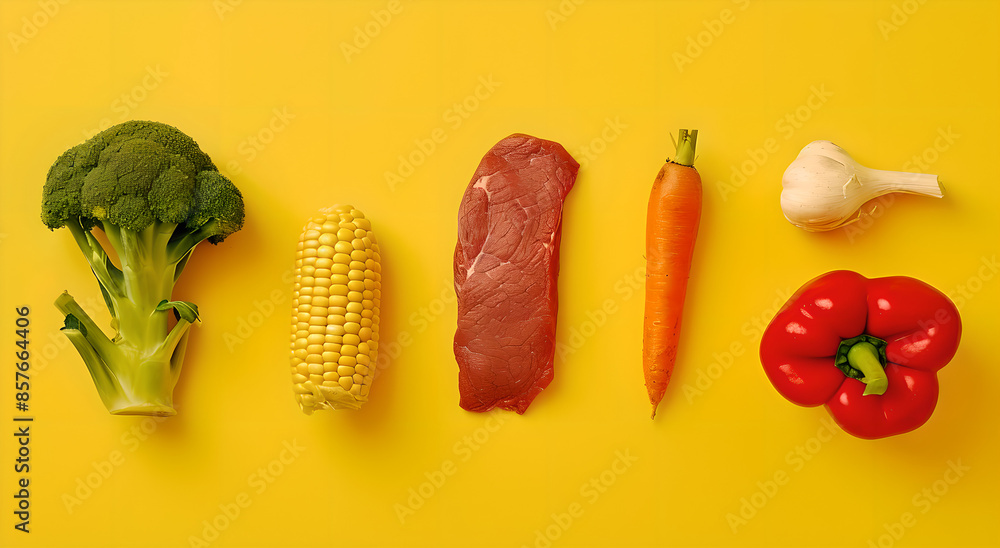 Wall mural Array of fresh broccoli, corn, raw meat, carrot, garlic, and red bell pepper on a yellow background, showcasing healthy food choices. Concept of nutrition, variety, and balanced diet.
