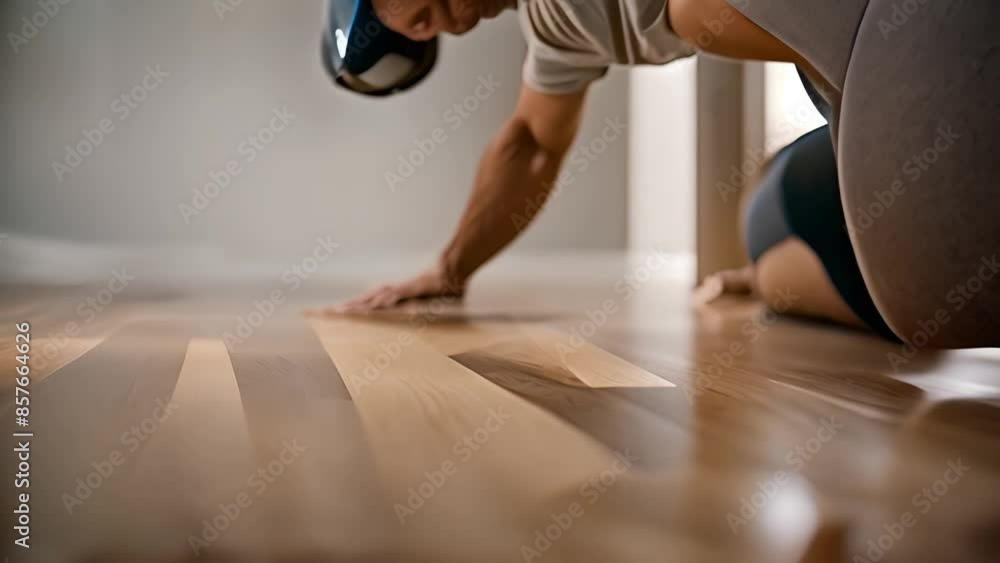 Poster man installing wood flooring in a home generative ai