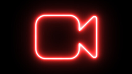 Neon Video camera icon on black background. Video camera.