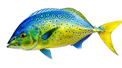 Vibrant and colorful ocean fish with blue and yellow hues, featuring intricate patterns and spots, perfect for marine life and wildlife themes.