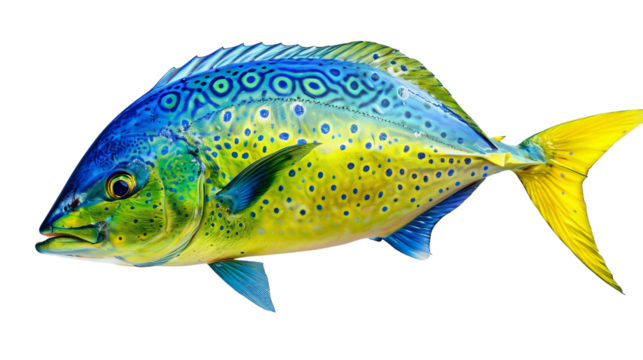Vibrant and colorful ocean fish with blue and yellow hues, featuring intricate patterns and spots, perfect for marine life and wildlife themes.