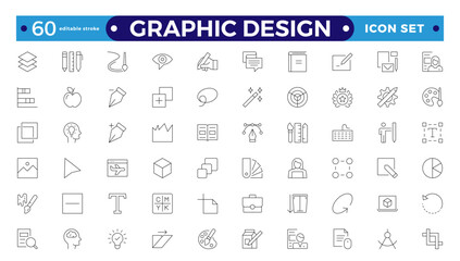 Set of outline icons of graphic design. Simple linear icons in a modern style flat, Creative Process. Graphic design, creative package, stationary, software. Editable stroke outline icon.