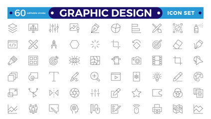 Set of outline icons of graphic design. Simple linear icons in a modern style flat, Creative Process. Graphic design, creative package, stationary, software. Editable stroke outline icon.