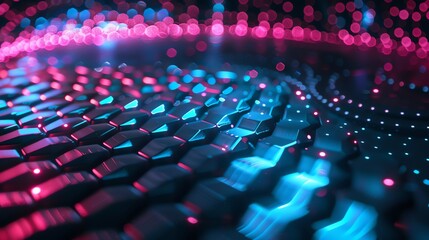 Fototapeta premium hexagon spiral banner illustration background, glowing, modern, blur, cyberpunk, neon color, blue, pink, black, HD, 2:1