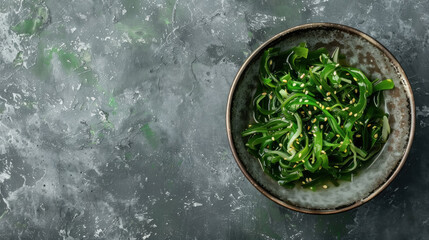 Japanese seaweed salad closeup on a plate, fresh and delicious, food photography