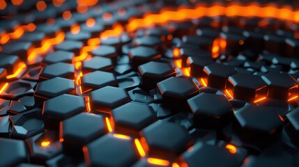 Obraz premium hexagon spiral banner illustration background, glowing, modern, blur, cyberpunk, neon color, black, orange, HD, 2:1