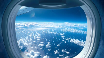 Naklejka premium Vector graphic of an airplane window with a breathtaking view of the Earth s curvature, showcasing the blue ocean and white clouds against a deep blue sky
