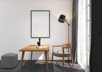 3d render of minimal interior design of mock up desk and frame back a window. Wood parquet floor, light white wall and white ceiling. Set 3