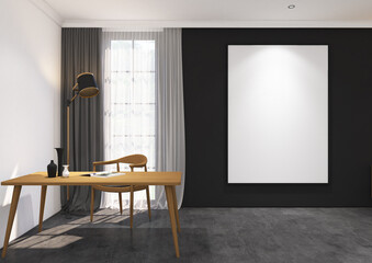3d render of minimal interior design of mock up desk and frame back a window. Gray cement floor, dark gray wall and white ceiling. Set 4