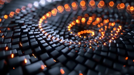 hexagon spiral banner illustration background, glowing, modern, blur, cyberpunk, neon color, black, orange, HD, 2:1