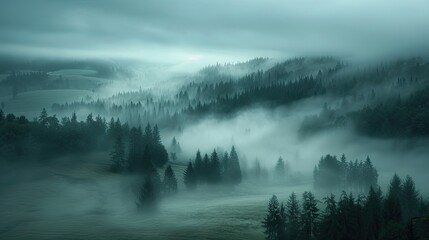 Fototapeta premium Whispers in the Fog Lost in a haze of ethereal mist, a silent, mysterious landscape unfolds The creeping fog obscures reality, leaving the viewer to grapple with the unknown