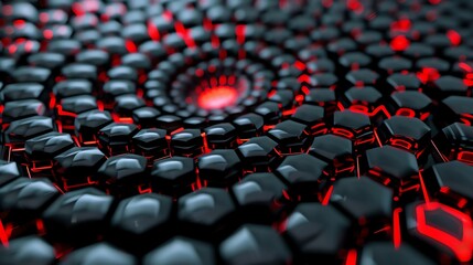 Fototapeta premium hexagon spiral banner illustration background, glowing, modern, blur, cyberpunk, neon color, red, purple, black, orange, HD, 2:1