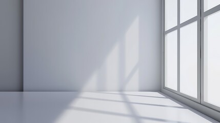 Fototapeta premium Minimalist White Wall Background with Abstract Window Shadow, High-Resolution Product Presentation Mockup Banner Template, Gray and White Color Palette, Soft Bright Lighting 