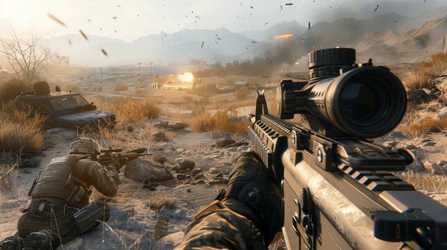Action shooter game from first-person perspective, soldiers in battle, realistic and raw visuals, high-intensity war zone
