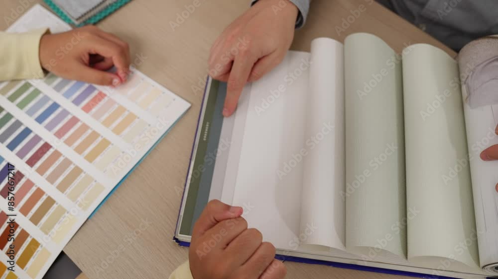 Poster slow motion hand closeup architect and interior designer presenting textile material and color from 