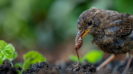 Blackbird with a worm in its beak, close-up shot, fresh soil background, feeding scene for baby bird, raw and vivid texture