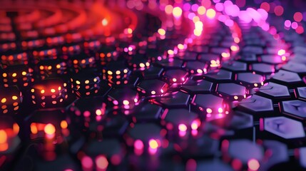Obraz premium hexagon spiral banner illustration background, glowing, modern, blur, cyberpunk, neon color, red, purple, black, orange, HD, 2:1