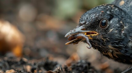 Obraz premium Close-up of a blackbird's beak with a worm, fresh soil bed, ready to feed baby bird, raw style, intense detail