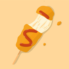 Korean Mozarella Corn Dog with ketchup- Famous Asian Street Food Illustration