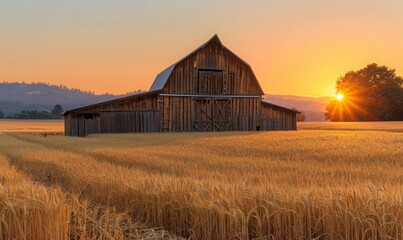 A rustic wooden barn surrounded by golden wheat fields, with the sun setting in the background casting a warm glow
