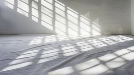 Fototapeta premium Minimalist White Wall Background with Abstract Window Shadow, High-Resolution Product Presentation Mockup Banner Template, Gray and White Color Palette, Soft Bright Lighting 