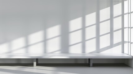 Fototapeta premium Minimalist White Wall Background with Abstract Window Shadow, High-Resolution Product Presentation Mockup Banner Template, Gray and White Color Palette, Soft Bright Lighting 