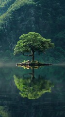 One big tree in the middle around the lake. The concept of ecology. World Environment Day. World Nature Conservation Day. Earth Day. The concept for Sustainable Development Goals
