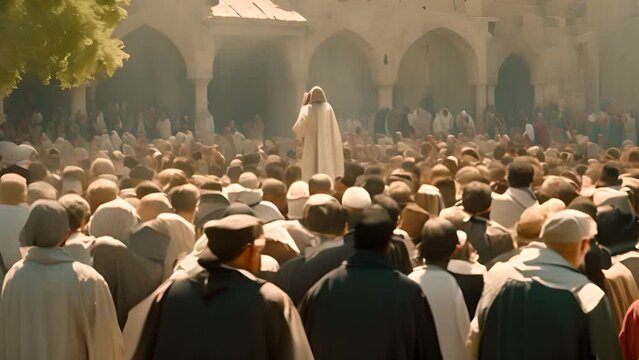 Man Preaching to a Crowd in a Courtyard Generative AI