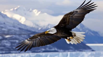 Obraz premium Bald eagle soaring over Alaska Bay near Homer.