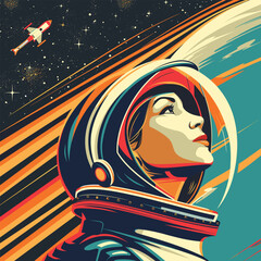 Stylish cartoon woman in Astronaut suit, vector illustration, sci-fi, futuristic theme, vintage pop art
