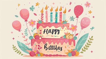 Naklejka premium happy birthday cake card vector illustration