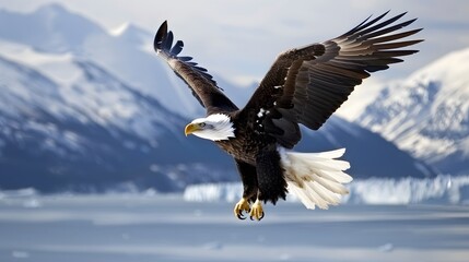 Bald eagle soaring over Alaska Bay near Homer.